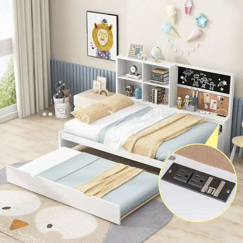 Cama de día individual de pino con pizarra, USB y cama nido
