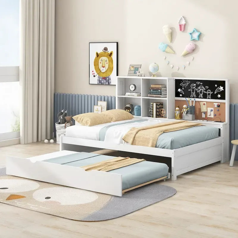 Cama de día individual de pino con pizarra, USB y cama nido