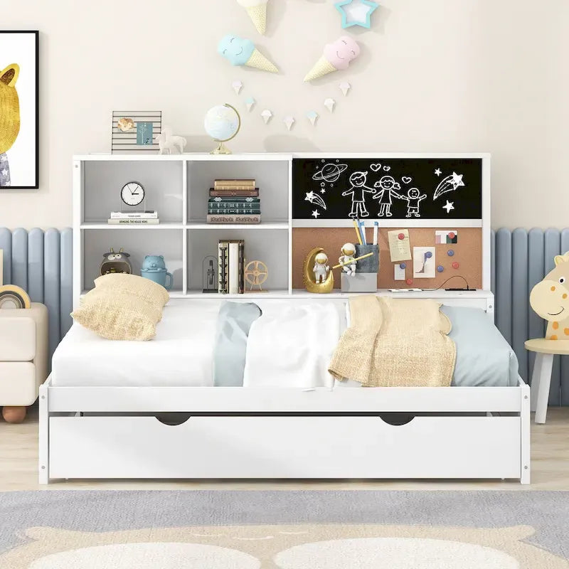Cama de día individual de pino con pizarra, USB y cama nido