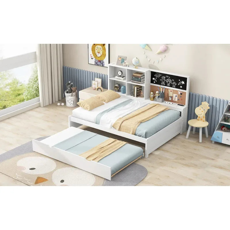 Cama de día individual de pino con pizarra, USB y cama nido