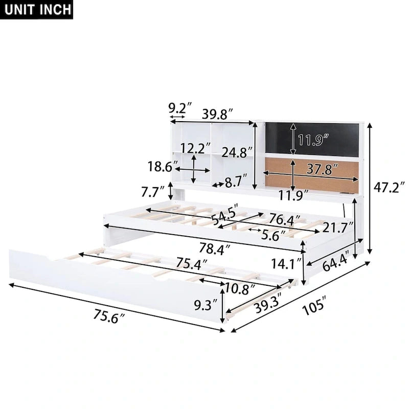 Cama de día individual de pino con pizarra, USB y cama nido