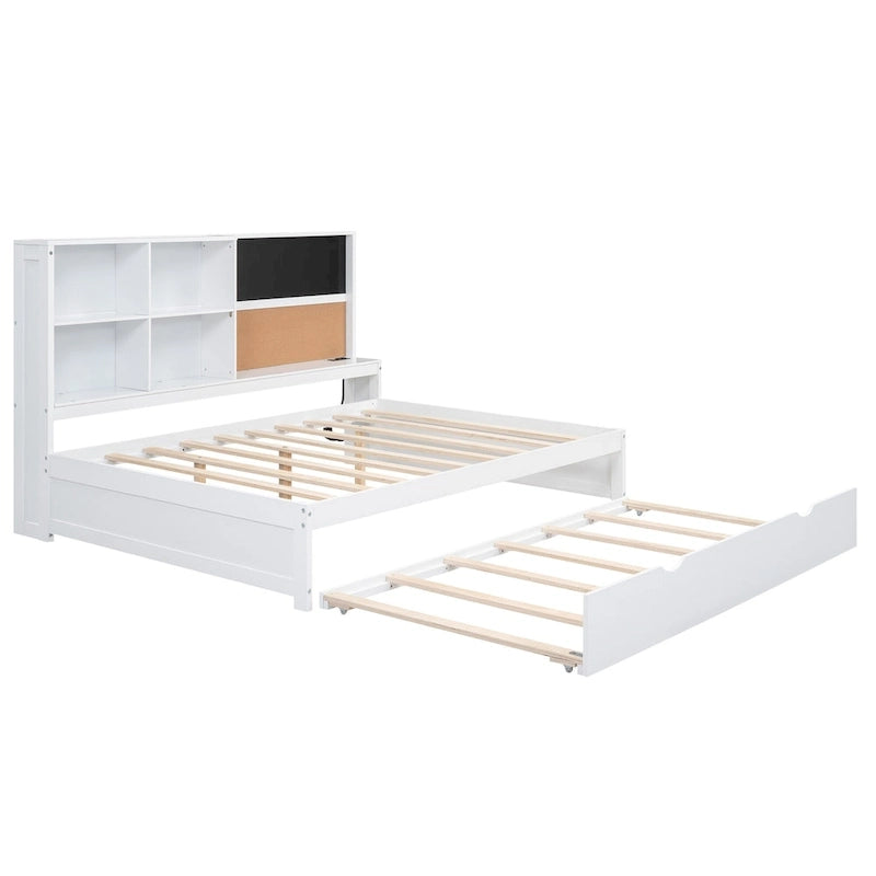 Cama de día individual de pino con pizarra, USB y cama nido
