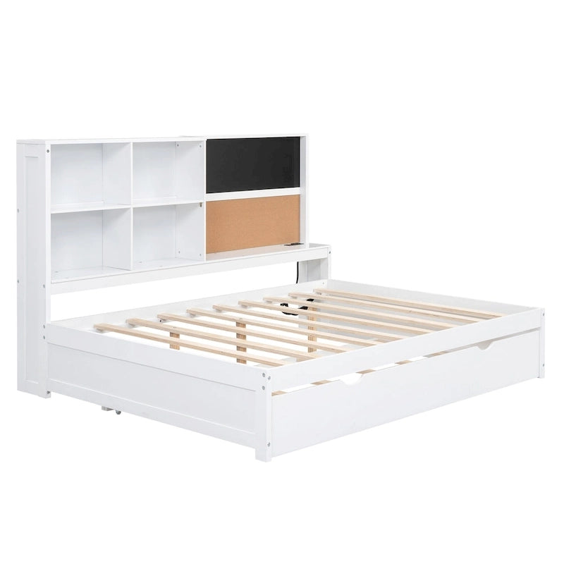 Cama de día individual de pino con pizarra, USB y cama nido
