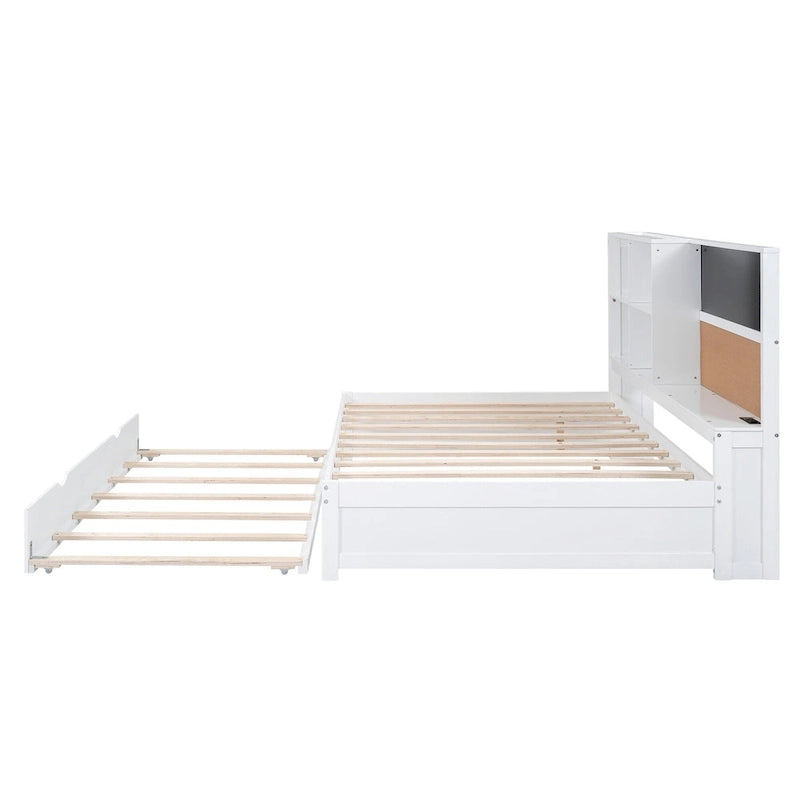 Cama de día individual de pino con pizarra, USB y cama nido