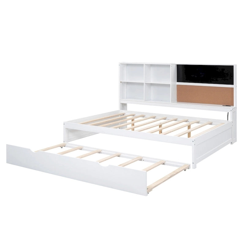 Cama de día individual de pino con pizarra, USB y cama nido