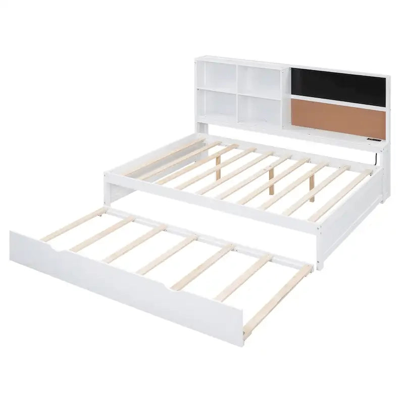 Cama de día individual de pino con pizarra, USB y cama nido
