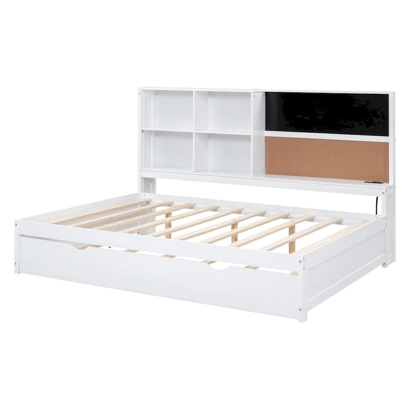 Cama de día individual de pino con pizarra, USB y cama nido