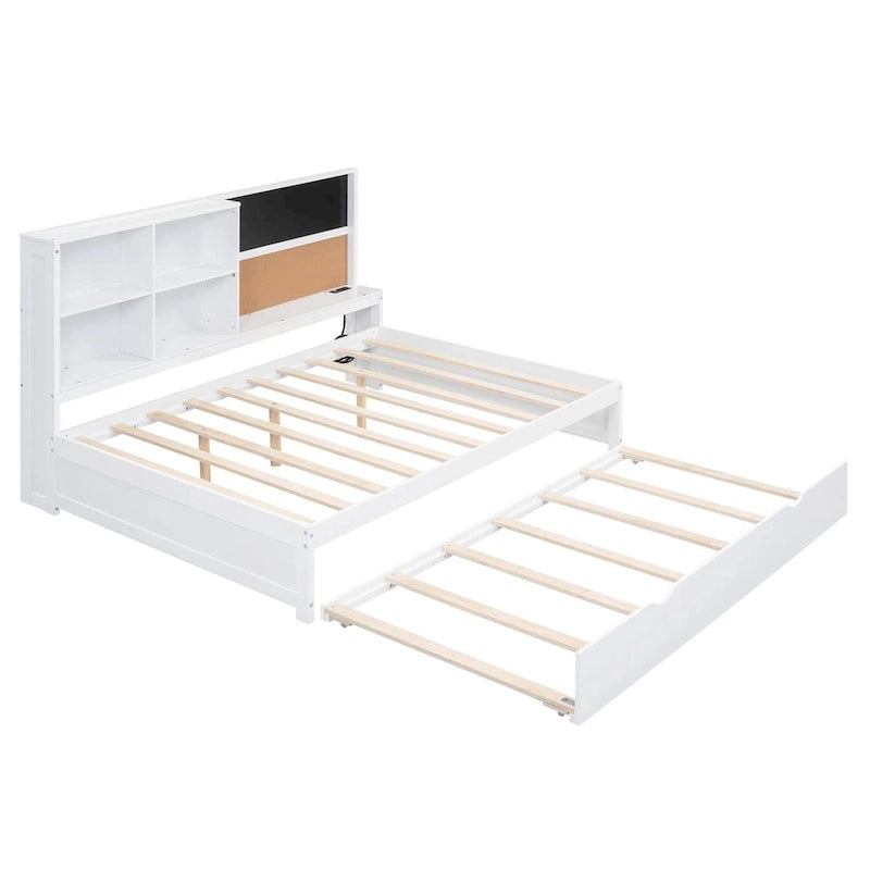 Cama de día individual de pino con pizarra, USB y cama nido