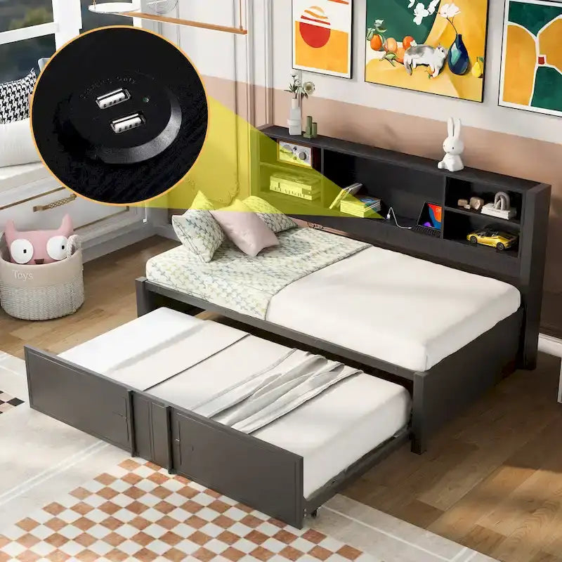 Metall-Tagesbett in Einzelbettgröße mit ausziehbarem Einzelbett, Ablagefächern und USB-Anschlüssen