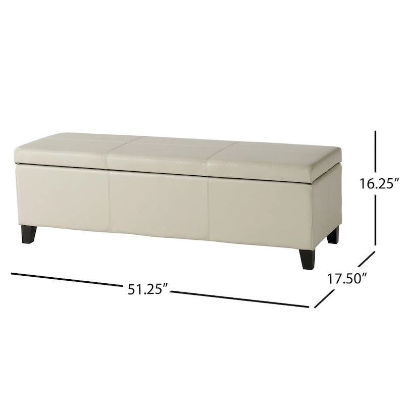Banc ottoman de rangement en similicuir ivoire détaillé, 51 pouces
