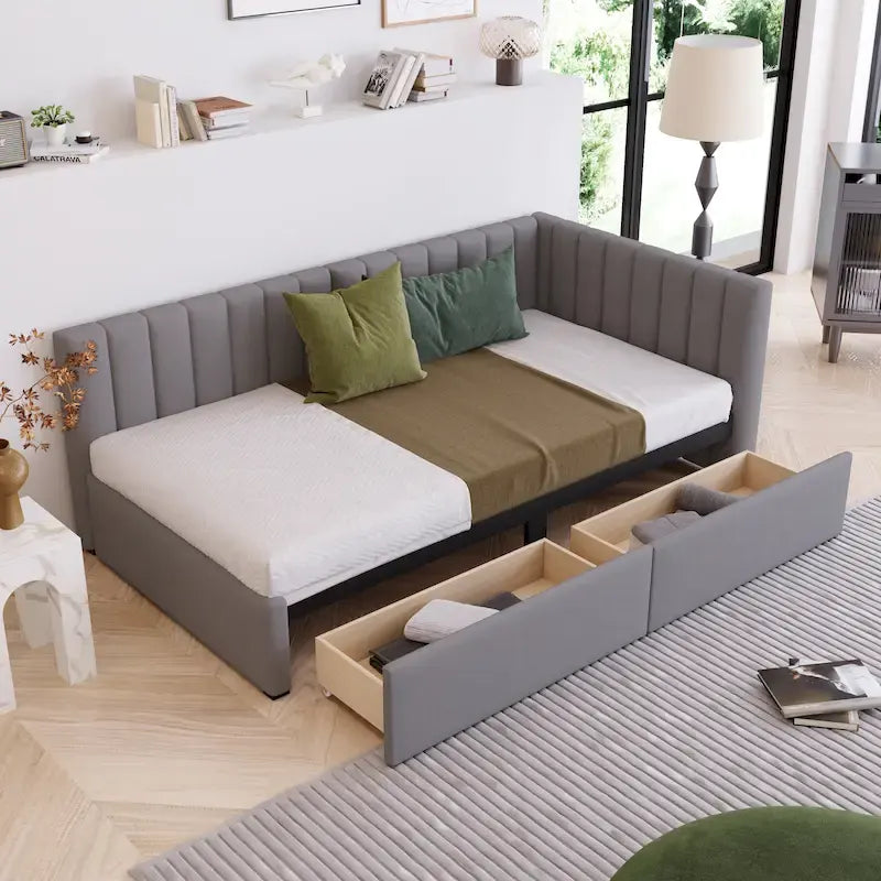Diván cama tapizado en lino gris con 2 cajones de almacenamiento, estructura de sofá cama individual, no necesita somier