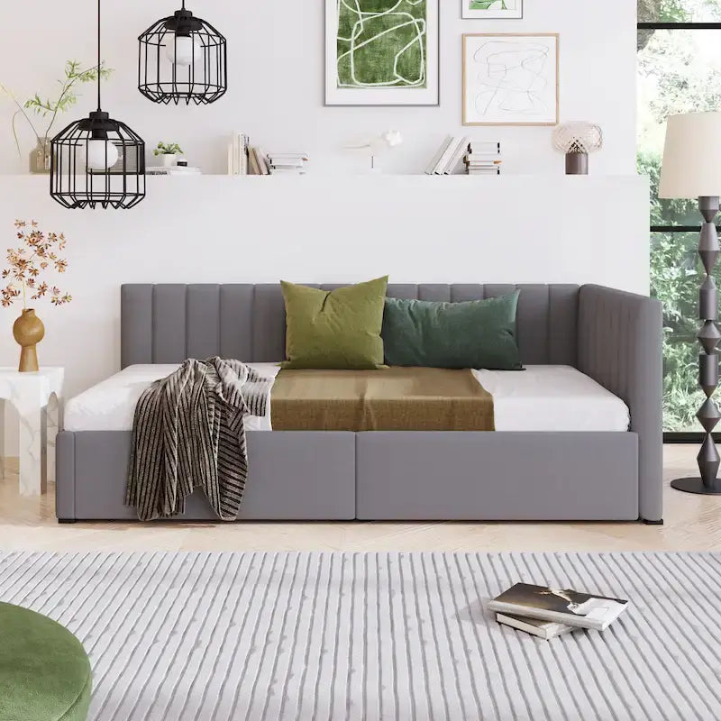 Diván cama tapizado en lino gris con 2 cajones de almacenamiento, estructura de sofá cama individual, no necesita somier