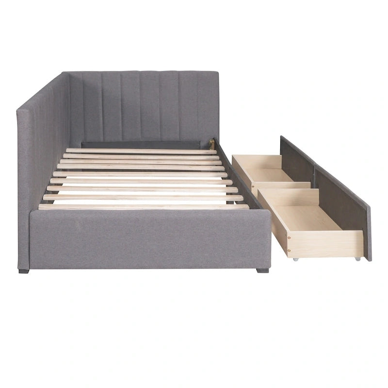Diván cama tapizado en lino gris con 2 cajones de almacenamiento, estructura de sofá cama individual, no necesita somier