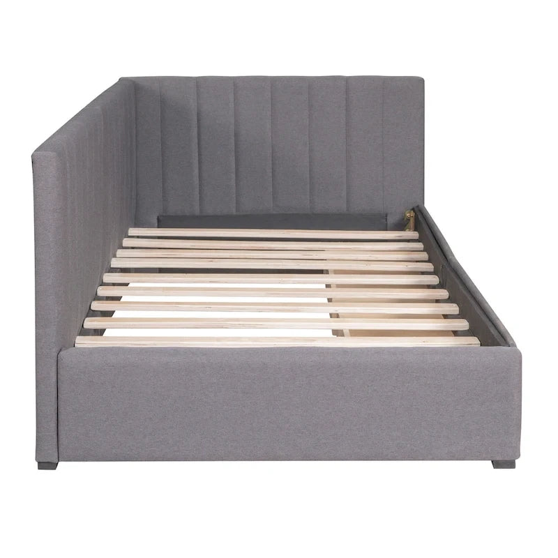 Diván cama tapizado en lino gris con 2 cajones de almacenamiento, estructura de sofá cama individual, no necesita somier