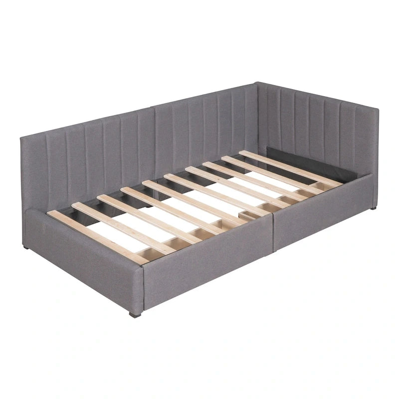 Diván cama tapizado en lino gris con 2 cajones de almacenamiento, estructura de sofá cama individual, no necesita somier