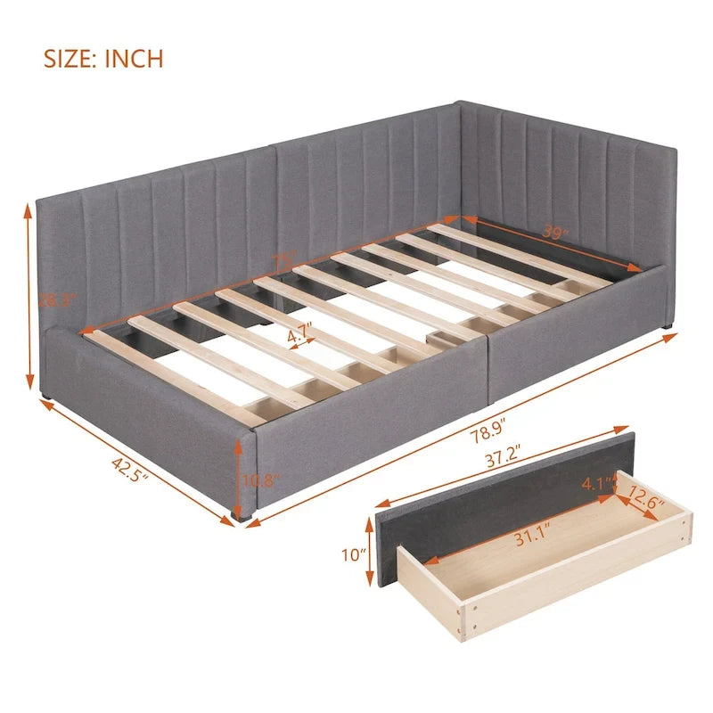 Diván cama tapizado en lino gris con 2 cajones de almacenamiento, estructura de sofá cama individual, no necesita somier