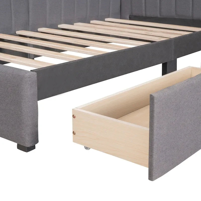 Diván cama tapizado en lino gris con 2 cajones de almacenamiento, estructura de sofá cama individual, no necesita somier