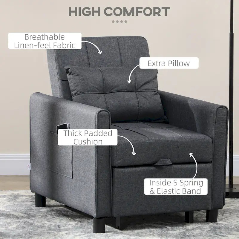 Sofá cama individual convertible de poliéster gris oscuro con respaldo ajustable