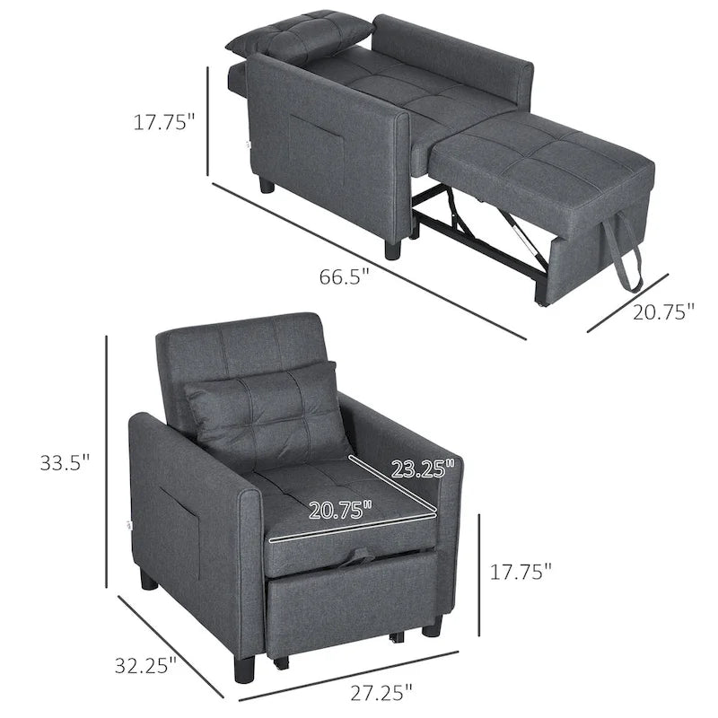 Sofá cama individual convertible de poliéster gris oscuro con respaldo ajustable