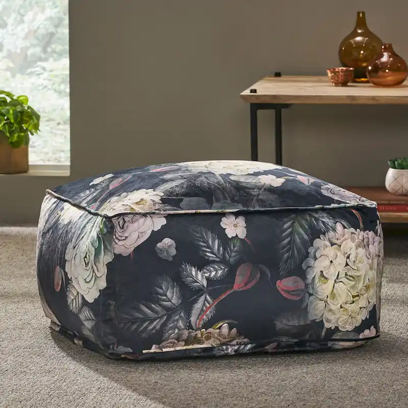 Pouf cube traditionnel de taille moyenne en tissu à imprimé floral