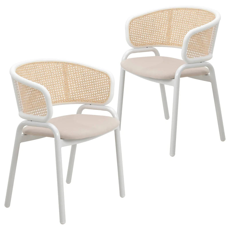 Moderner stilvoller Esszimmerstuhl mit Rattanlehne und weißen Stahlbeinen für Esszimmer und Küche, 2er-Set