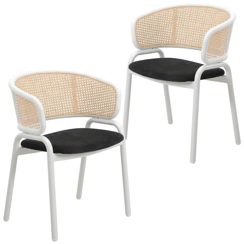Chaise d’appoint moderne et élégante avec dossier en rotin et pieds en acier blanc pour salle à manger et cuisine, lot de 2
