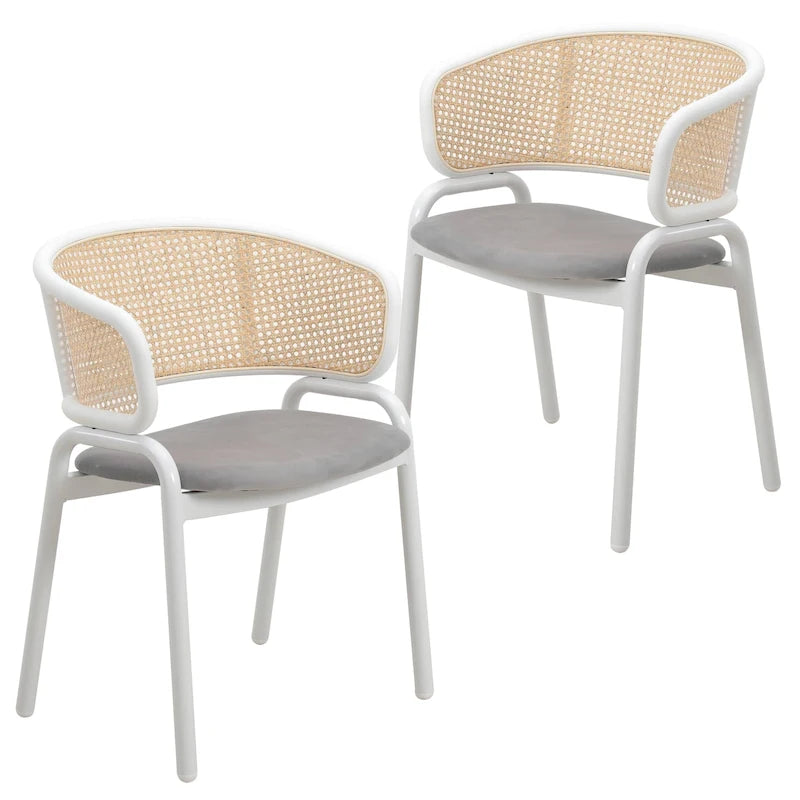 Chaise d’appoint moderne et élégante avec dossier en rotin et pieds en acier blanc pour salle à manger et cuisine, lot de 2