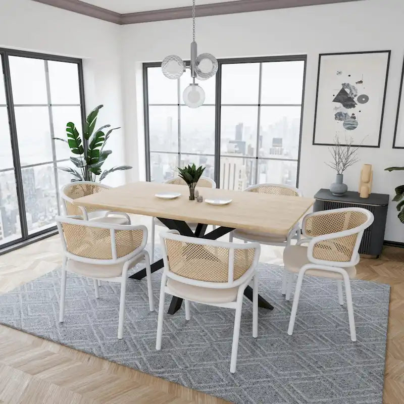 Moderner stilvoller Esszimmerstuhl mit Rattanlehne und weißen Stahlbeinen für Esszimmer und Küche, 2er-Set
