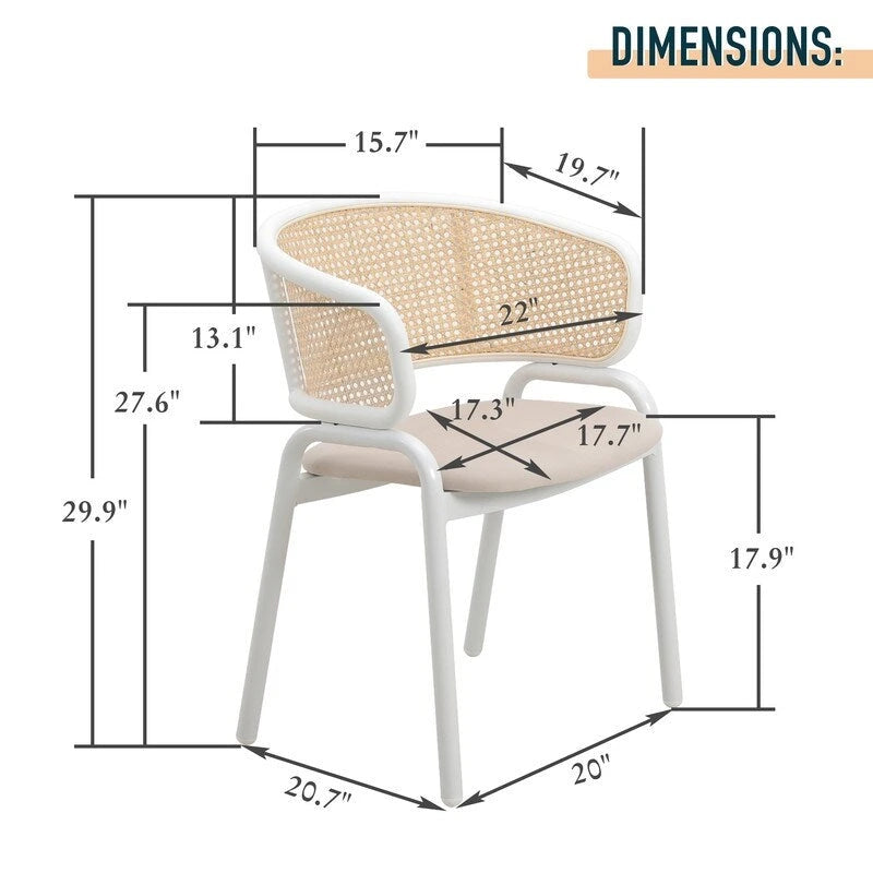 Moderner stilvoller Esszimmerstuhl mit Rattanlehne und weißen Stahlbeinen für Esszimmer und Küche, 2er-Set