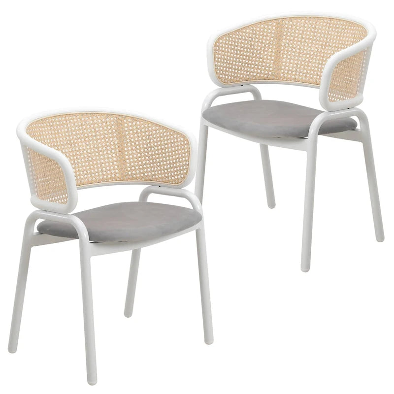 Moderner stilvoller Esszimmerstuhl mit Rattanlehne und weißen Stahlbeinen für Esszimmer und Küche, 2er-Set
