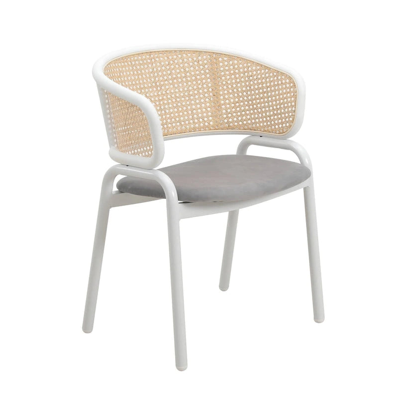 Moderner stilvoller Esszimmerstuhl mit Rattanlehne und weißen Stahlbeinen für Esszimmer und Küche, 2er-Set