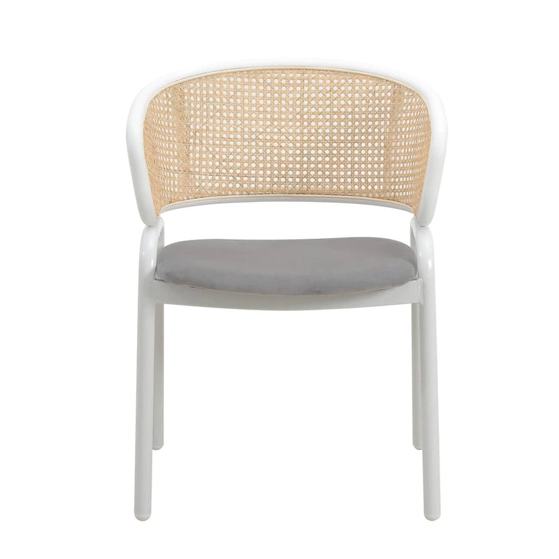 Moderner stilvoller Esszimmerstuhl mit Rattanlehne und weißen Stahlbeinen für Esszimmer und Küche, 2er-Set