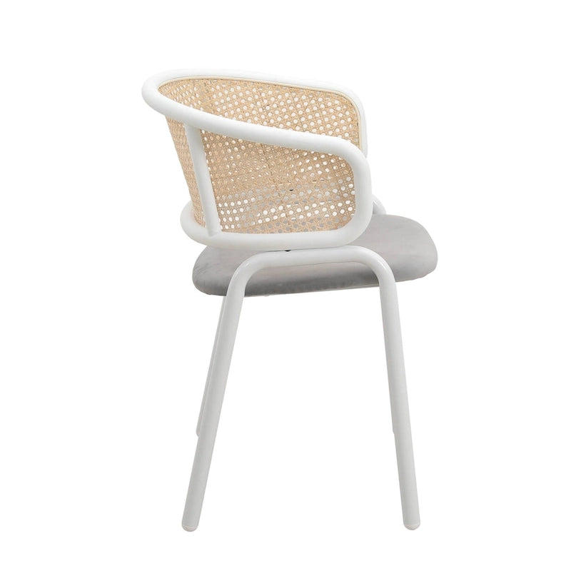 Moderner stilvoller Esszimmerstuhl mit Rattanlehne und weißen Stahlbeinen für Esszimmer und Küche, 2er-Set