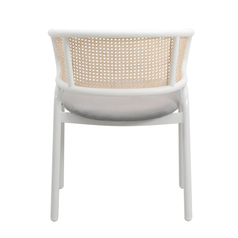 Moderner stilvoller Esszimmerstuhl mit Rattanlehne und weißen Stahlbeinen für Esszimmer und Küche, 2er-Set
