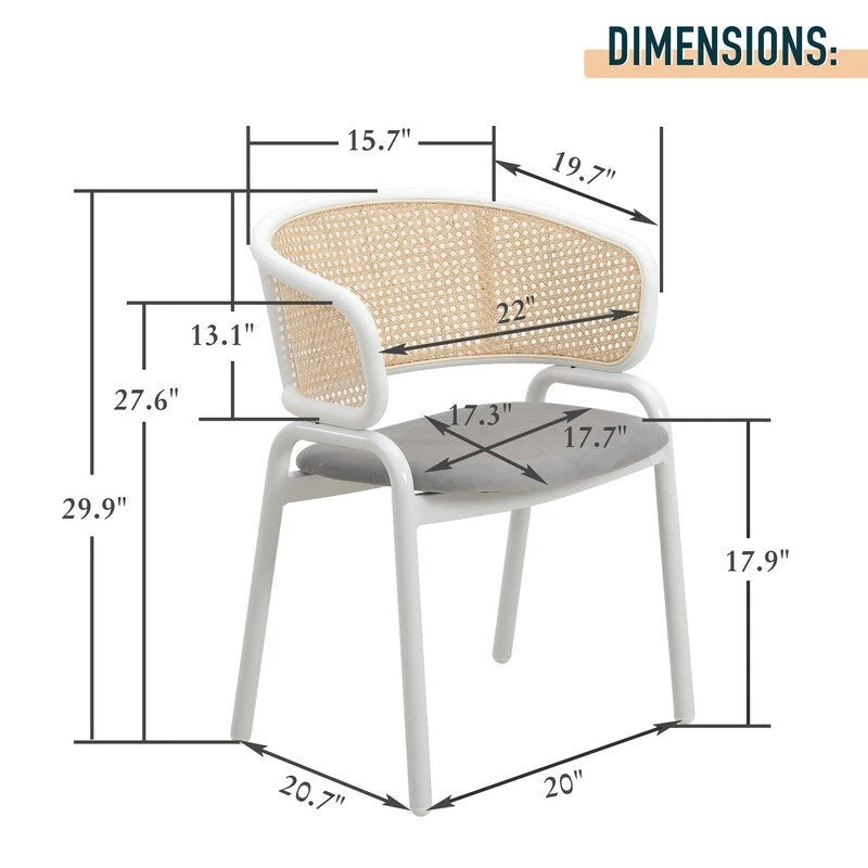 Moderner stilvoller Esszimmerstuhl mit Rattanlehne und weißen Stahlbeinen für Esszimmer und Küche, 2er-Set