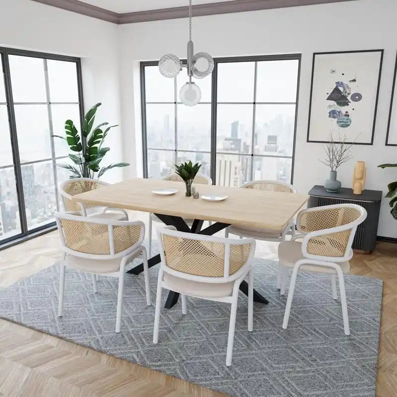 Moderner stilvoller Esszimmerstuhl mit Rattanlehne und weißen Stahlbeinen für Esszimmer und Küche, 2er-Set