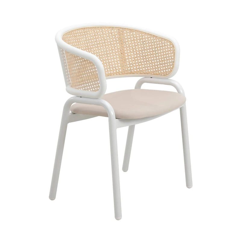 Moderner stilvoller Esszimmerstuhl mit Rattanlehne und weißen Stahlbeinen für Esszimmer und Küche, 2er-Set