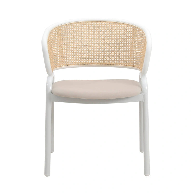 Moderner stilvoller Esszimmerstuhl mit Rattanlehne und weißen Stahlbeinen für Esszimmer und Küche, 2er-Set