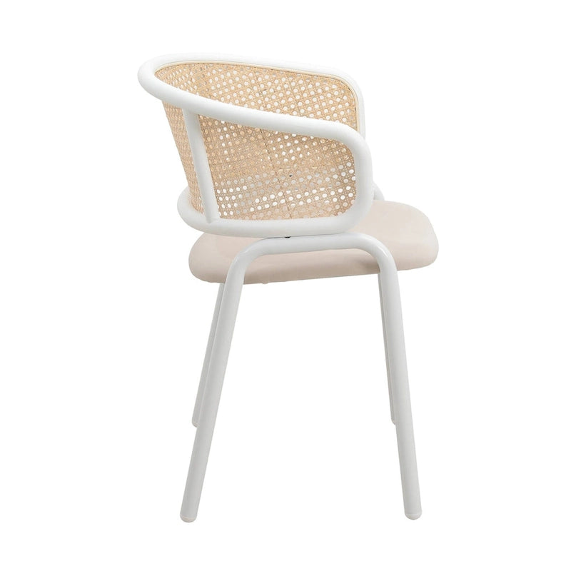 Moderner stilvoller Esszimmerstuhl mit Rattanlehne und weißen Stahlbeinen für Esszimmer und Küche, 2er-Set