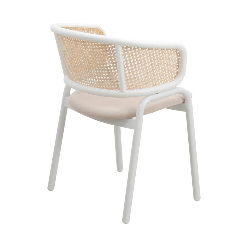 Moderner stilvoller Esszimmerstuhl mit Rattanlehne und weißen Stahlbeinen für Esszimmer und Küche, 2er-Set