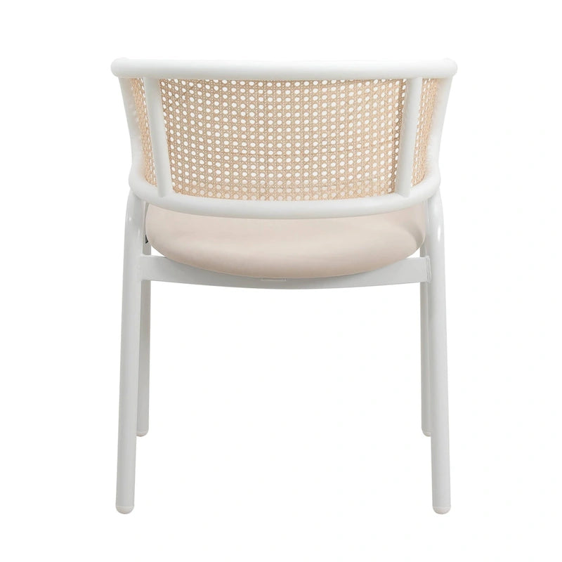 Moderner stilvoller Esszimmerstuhl mit Rattanlehne und weißen Stahlbeinen für Esszimmer und Küche, 2er-Set