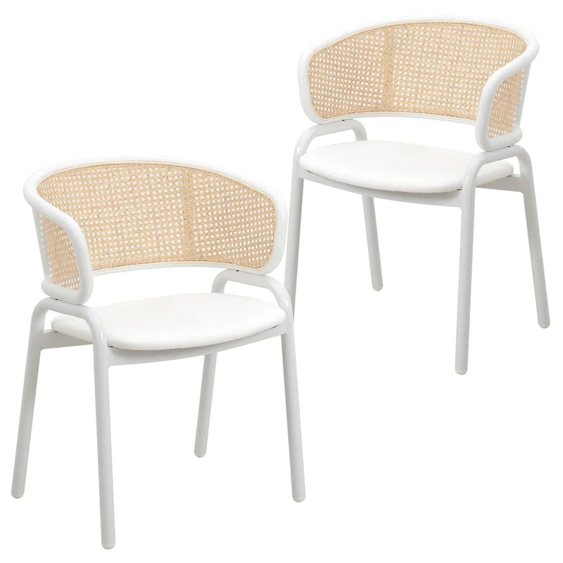 Moderner stilvoller Esszimmerstuhl mit Rattanlehne und weißen Stahlbeinen für Esszimmer und Küche, 2er-Set
