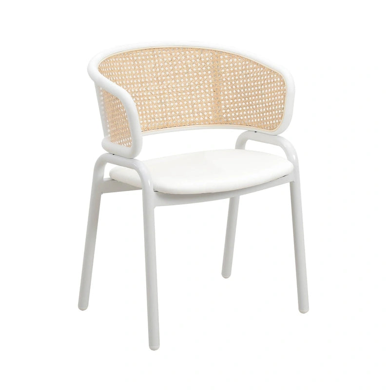 Moderner stilvoller Esszimmerstuhl mit Rattanlehne und weißen Stahlbeinen für Esszimmer und Küche, 2er-Set