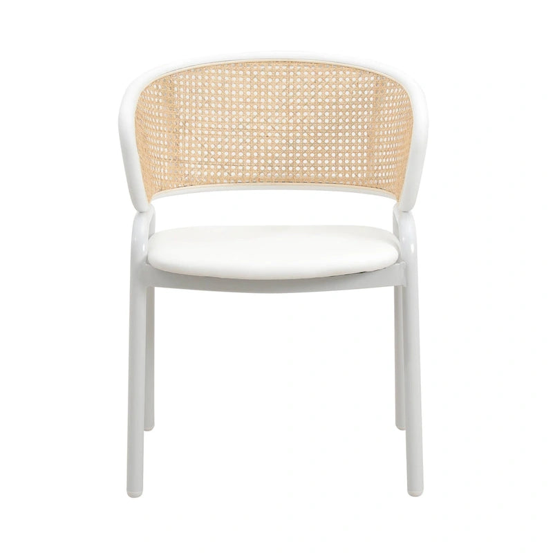 Moderner stilvoller Esszimmerstuhl mit Rattanlehne und weißen Stahlbeinen für Esszimmer und Küche, 2er-Set