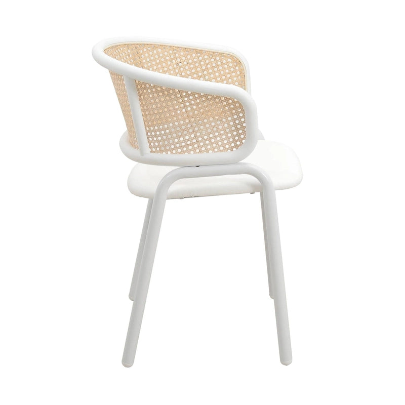 Moderner stilvoller Esszimmerstuhl mit Rattanlehne und weißen Stahlbeinen für Esszimmer und Küche, 2er-Set