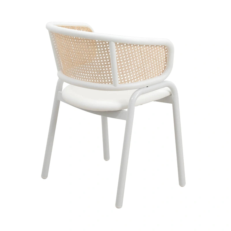 Moderner stilvoller Esszimmerstuhl mit Rattanlehne und weißen Stahlbeinen für Esszimmer und Küche, 2er-Set