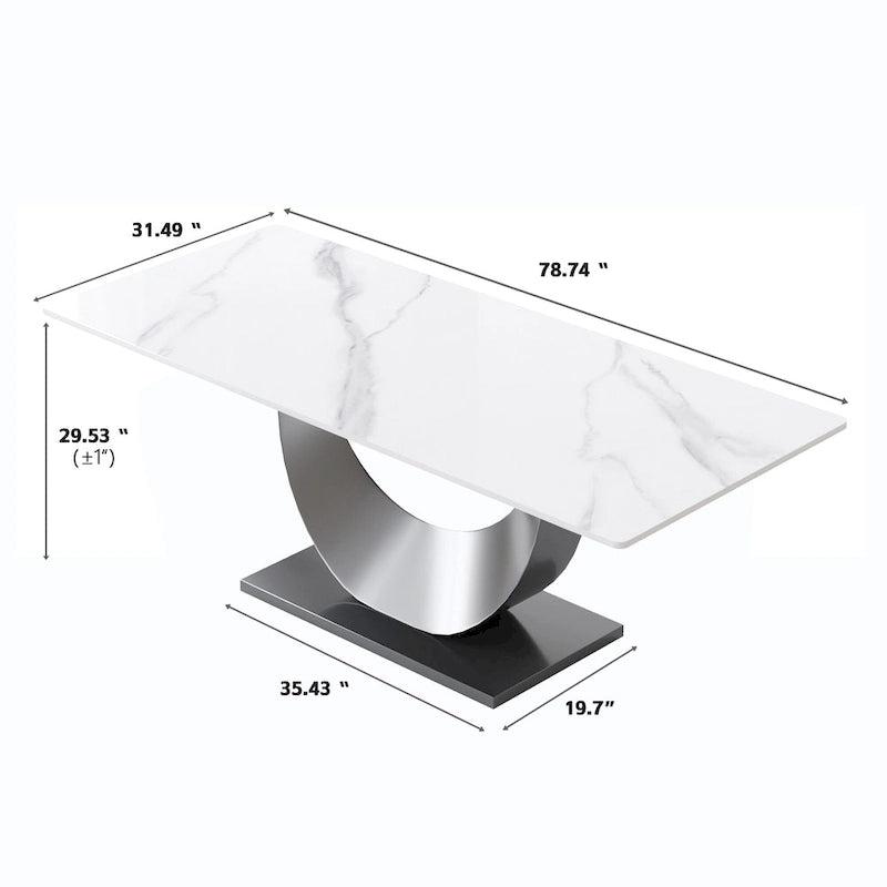 Mesa de comedor de mármol de 79 para 10 personas, mesa de cocina rectangular moderna con base de pedestal en forma de U