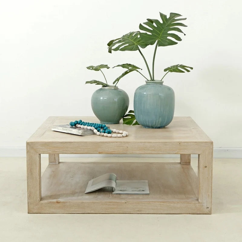 Table basse d’intérieur carrée en bois blanc patiné avec cadre, 39.4L