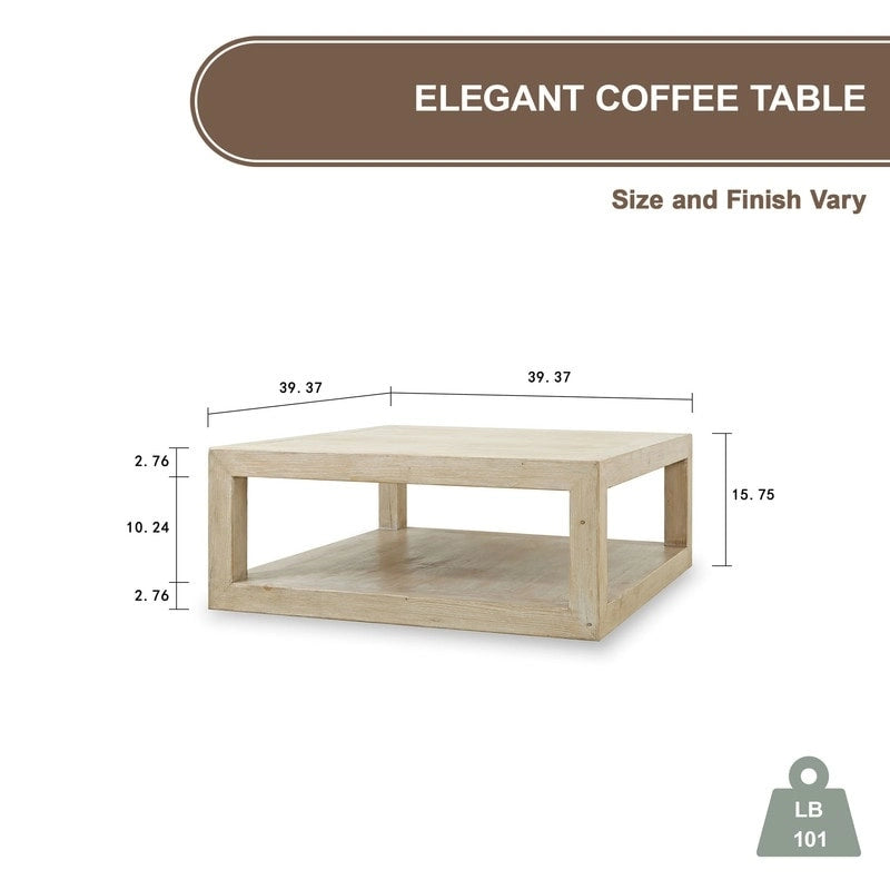 Mesa de centro de interior cuadrada de madera blanca envejecida con marco, 39.4L