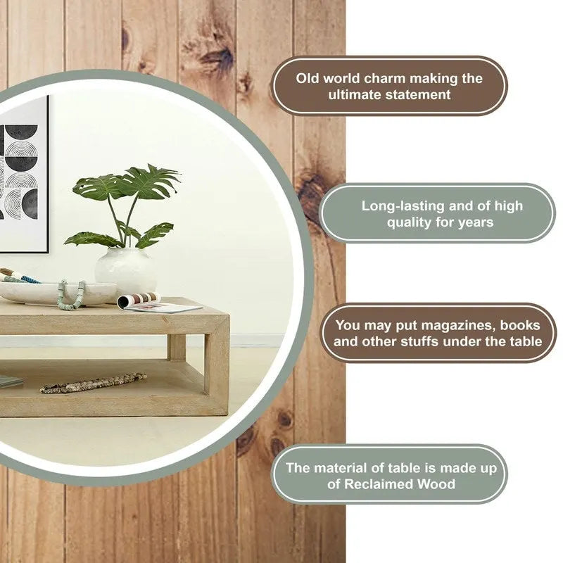 Mesa de centro de interior cuadrada de madera blanca envejecida con marco, 39.4L